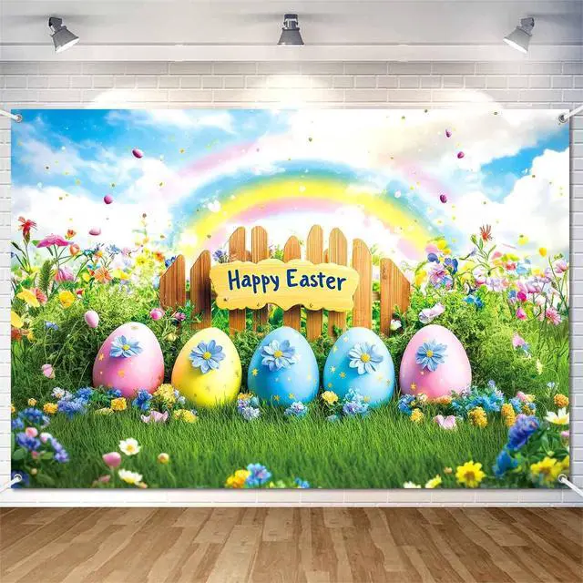 Alt view image 2 of 7 - 7x5ft Happy Easter Banner Backdrop Colorful Eggs Rainbow Flower Photography Background Spring Easter Party Decorations for Kids Fabric Wall Decor Photo Booth Indoor Outdoor