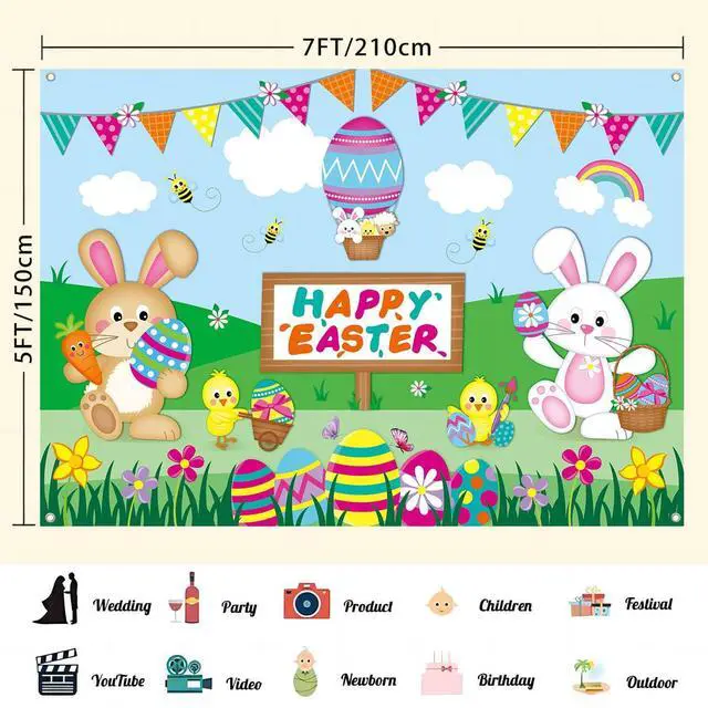 Alt view image 4 of 7 - 7x5ft Happy Easter Backdrop Banner Colorful Eggs Bunny Floral Grass Rabbit Birthday Photography Background for Kids Spring Easter Party Decorations Fabric Photo Booth Supplies