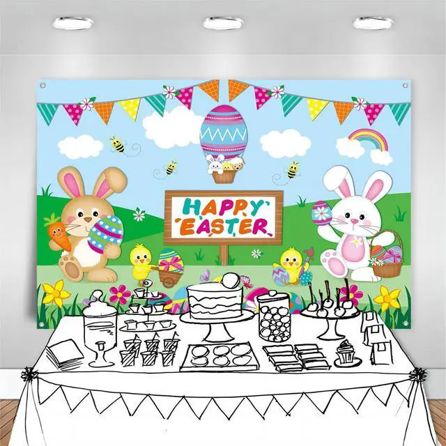 Alt view image 6 of 7 - 8x6ft Happy Easter Backdrop Banner Colorful Eggs Bunny Birthday Photography Background for Kids Spring Easter Party Decorations Large Fabric Photo Booth Supplies Indoor Outdoor