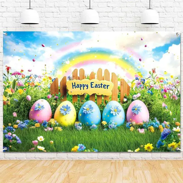 Main image of 7x5ft Happy Easter Banner Backdrop Colorful Eggs Rainbow Flower Photography Background Spring Easter Party Decorations for Kids Fabric Wall Decor Photo Booth Indoor Outdoor
