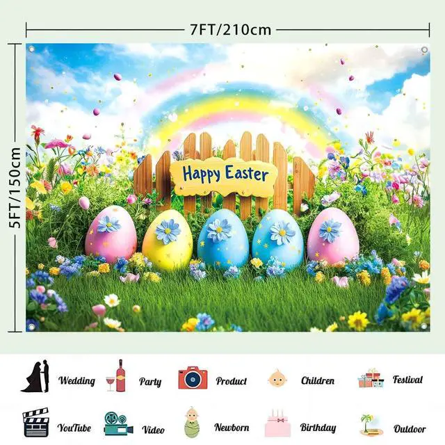 Alt view image 3 of 7 - 7x5ft Happy Easter Banner Backdrop Colorful Eggs Rainbow Flower Photography Background Spring Easter Party Decorations for Kids Fabric Wall Decor Photo Booth Indoor Outdoor