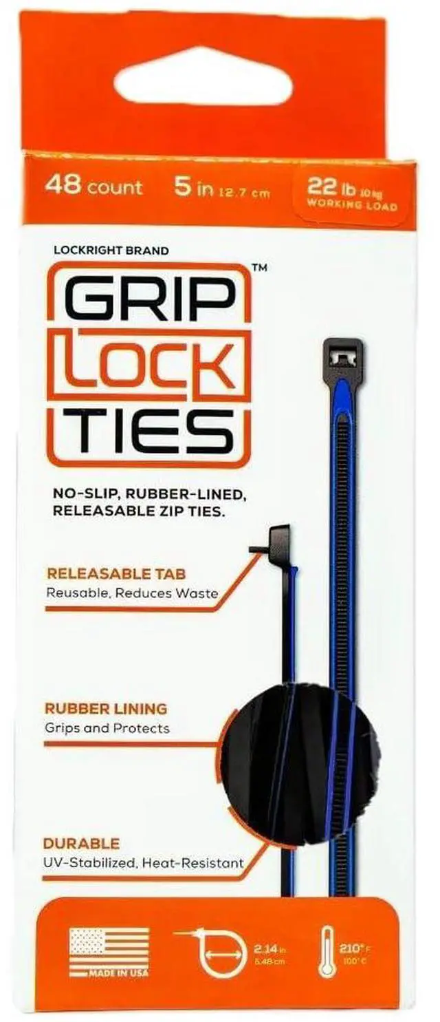 Main image of Grip Lock Cable Ties, Zip Ties, 5 in Long, Blue Rubber Lined, Nylon, Black, Reusable, Set of 48