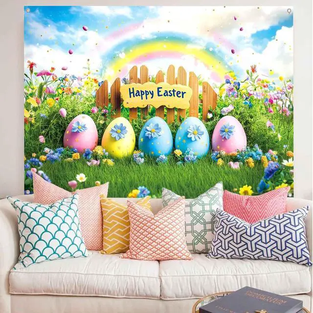 Alt view image 4 of 7 - 7x5ft Happy Easter Banner Backdrop Colorful Eggs Rainbow Flower Photography Background Spring Easter Party Decorations for Kids Fabric Wall Decor Photo Booth Indoor Outdoor