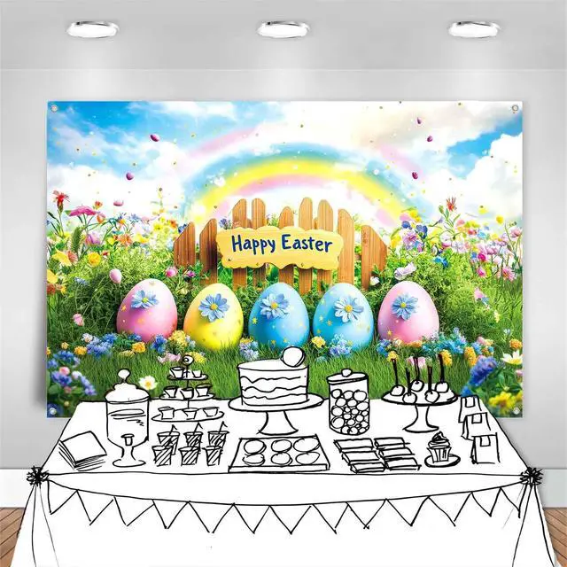 Alt view image 5 of 7 - 7x5ft Happy Easter Banner Backdrop Colorful Eggs Rainbow Flower Photography Background Spring Easter Party Decorations for Kids Fabric Wall Decor Photo Booth Indoor Outdoor