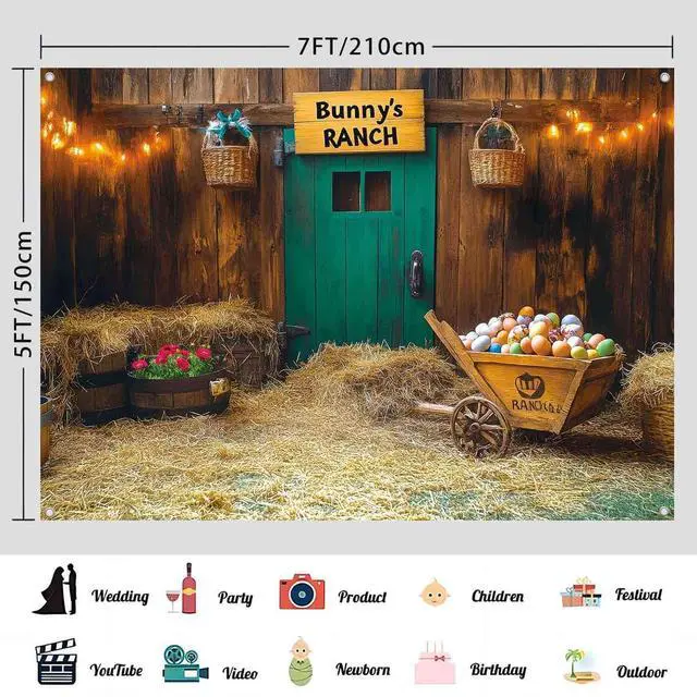 Alt view image 3 of 7 - 7x5ft Spring Easter Backdrop Banner Rustic Vintage Wooden House Barn Easter Party Decorations Easter Bunny's Ranch Theme Photography Background Fabric Photo Booth Supplies