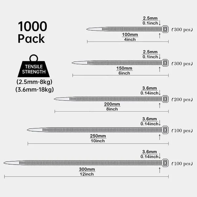 Alt view image 3 of 4 - 1000 Pcs Black Cable Zip Ties Assorted Sizes 4/6/8/10/12 Inch Heavy Duty Plastic Tie Wraps Mixed Pack Self Locking Nylon Wire Ties