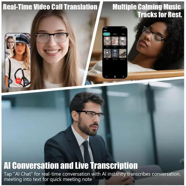 Alt view image 7 of 7 - AI Glasses for Men Women, Powered by ChatGPT, AI Real-time Translation,Bluetooth Translator Glasses with Speaker,No Subscription,Smart Glasses for Work Travel-Silver