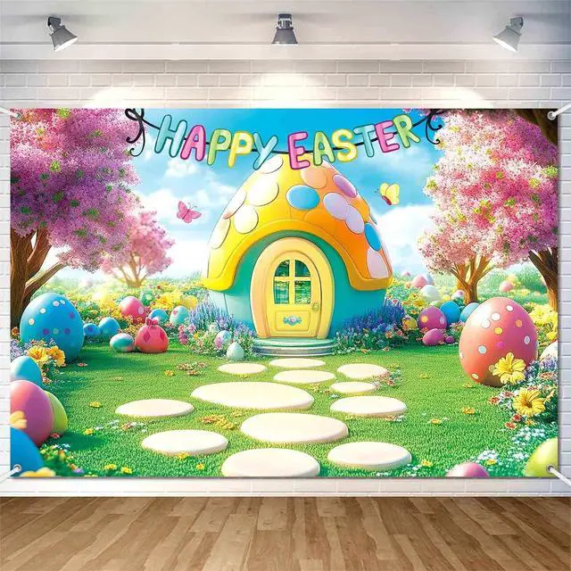 Alt view image 2 of 7 - 7x5ft Happy Easter Backdrop Banner Easter Eggs House Photography Background Colorful Spring Easter Yard Party Decorations for Kids Fabric Wall Decor Photo Booth Indoor Outdoor