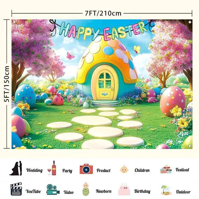 Alt view image 3 of 7 - 7x5ft Happy Easter Backdrop Banner Easter Eggs House Photography Background Colorful Spring Easter Yard Party Decorations for Kids Fabric Wall Decor Photo Booth Indoor Outdoor