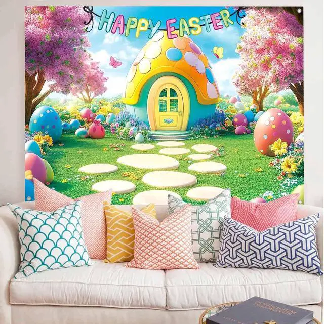 Alt view image 4 of 7 - 7x5ft Happy Easter Backdrop Banner Easter Eggs House Photography Background Colorful Spring Easter Yard Party Decorations for Kids Fabric Wall Decor Photo Booth Indoor Outdoor