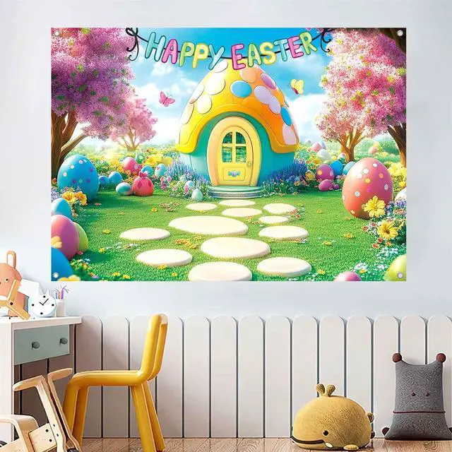 Alt view image 5 of 7 - 7x5ft Happy Easter Backdrop Banner Easter Eggs House Photography Background Colorful Spring Easter Yard Party Decorations for Kids Fabric Wall Decor Photo Booth Indoor Outdoor