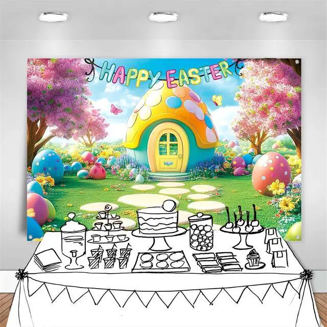 Alt view image 6 of 7 - 7x5ft Happy Easter Backdrop Banner Easter Eggs House Photography Background Colorful Spring Easter Yard Party Decorations for Kids Fabric Wall Decor Photo Booth Indoor Outdoor
