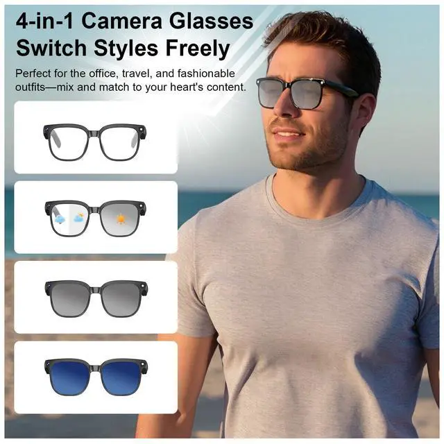 Alt view image 3 of 6 - Smart Glasses with Camera, 8MP 1080P HD Video & AI Translation | Photo Capture, Object Recognition, Open-Ear Bluetooth Calls, 4-Lens Options, 4GB Storage, IP65 Waterproof, Travel Vlogging