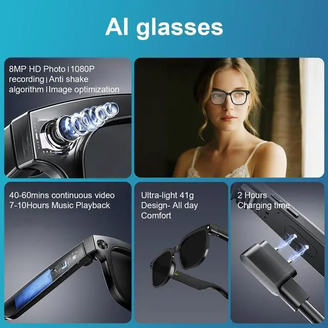 Alt view image 4 of 6 - Smart Glasses with Camera, 8MP 1080P HD Video & AI Translation | Photo Capture, Object Recognition, Open-Ear Bluetooth Calls, 4-Lens Options, 4GB Storage, IP65 Waterproof, Travel Vlogging