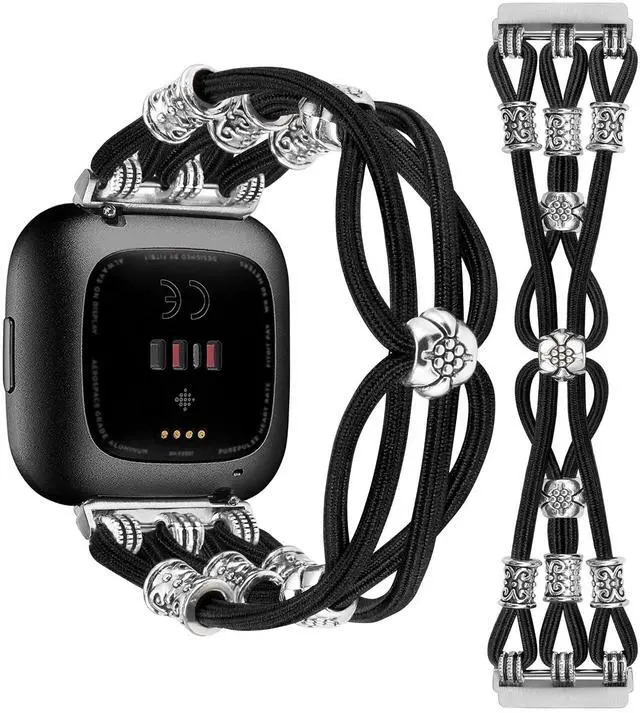 Main image of Beaded Bracelet Band Compatible with Fitbit Versa 2/Fitbit Versa Bands Women, Boho Soft Elastic Stretchy Nylon Braided Strap Fancy Charms Designer Breathable Sport Wristband