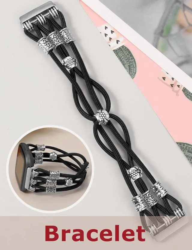 Alt view image 2 of 6 - Beaded Bracelet Band Compatible with Fitbit Versa 2/Fitbit Versa Bands Women, Boho Soft Elastic Stretchy Nylon Braided Strap Fancy Charms Designer Breathable Sport Wristband