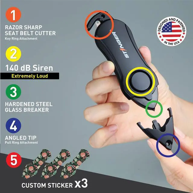 Alt view image 3 of 6 - USA 140dB Siren Personal Safety Alarm Keychain Emergency Tool | Green Flower, Panic Alarm Siren, Seatbelt Cutter, Car Window Breaker, Safety Device for Women Kid