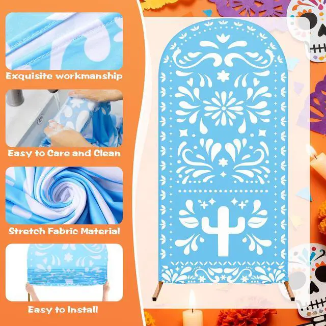 Alt view image 3 of 6 - 3 Pcs Mexican Arch Backdrop Cover 4ft 5ft 6ft 2-Sided Stretchy Arch Stand Covers for Mexico Talavera Wedding Birthday Baby Shower Party Decor (Only Cover)