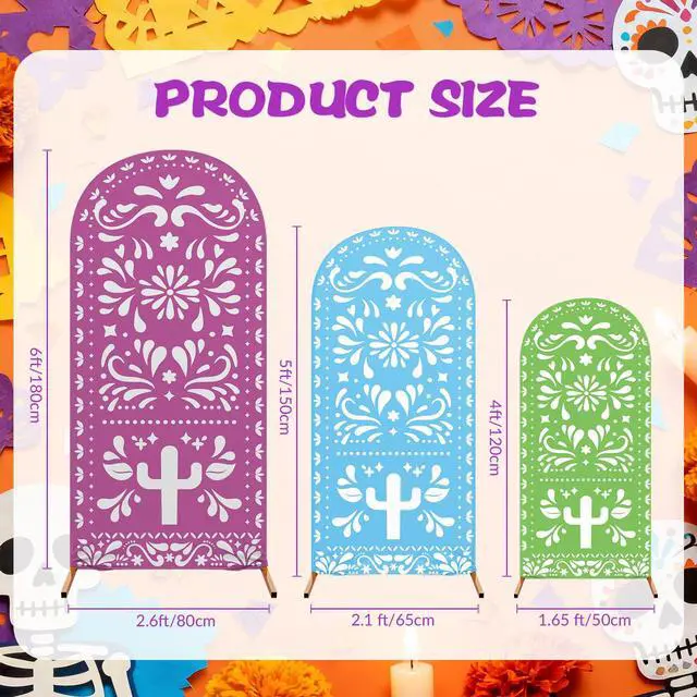 Alt view image 4 of 6 - 3 Pcs Mexican Arch Backdrop Cover 4ft 5ft 6ft 2-Sided Stretchy Arch Stand Covers for Mexico Talavera Wedding Birthday Baby Shower Party Decor (Only Cover)