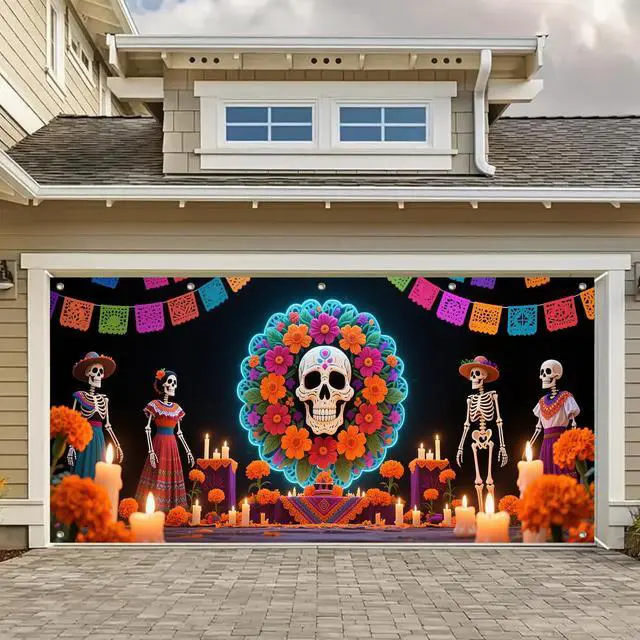 Main image of Day of the Dead Wreath Garage Door Cover 13x6 ft | Polyester, skull in floral wreath, dia de muertos decorations for yard gate, house front, party wall