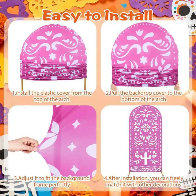 Alt view image 2 of 6 - 3 Pcs Mexican Arch Backdrop Cover 4ft 5ft 6ft 2-Sided Stretchy Arch Stand Covers for Mexico Talavera Wedding Birthday Baby Shower Party Decor (Only Cover)