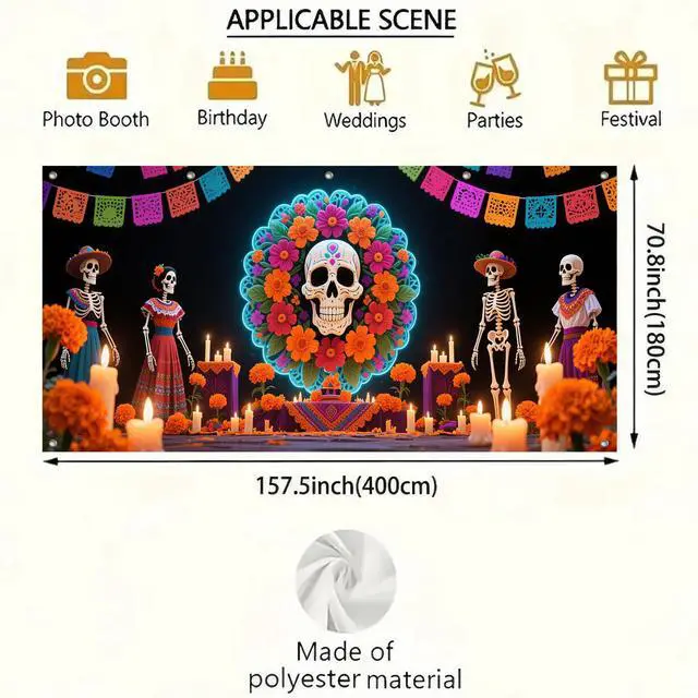 Alt view image 3 of 6 - Day of the Dead Wreath Garage Door Cover 13x6 ft | Polyester, skull in floral wreath, dia de muertos decorations for yard gate, house front, party wall