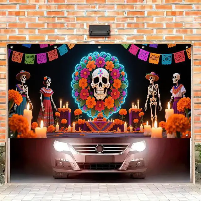 Alt view image 2 of 6 - Day of the Dead Wreath Garage Door Cover 13x6 ft | Polyester, skull in floral wreath, dia de muertos decorations for yard gate, house front, party wall