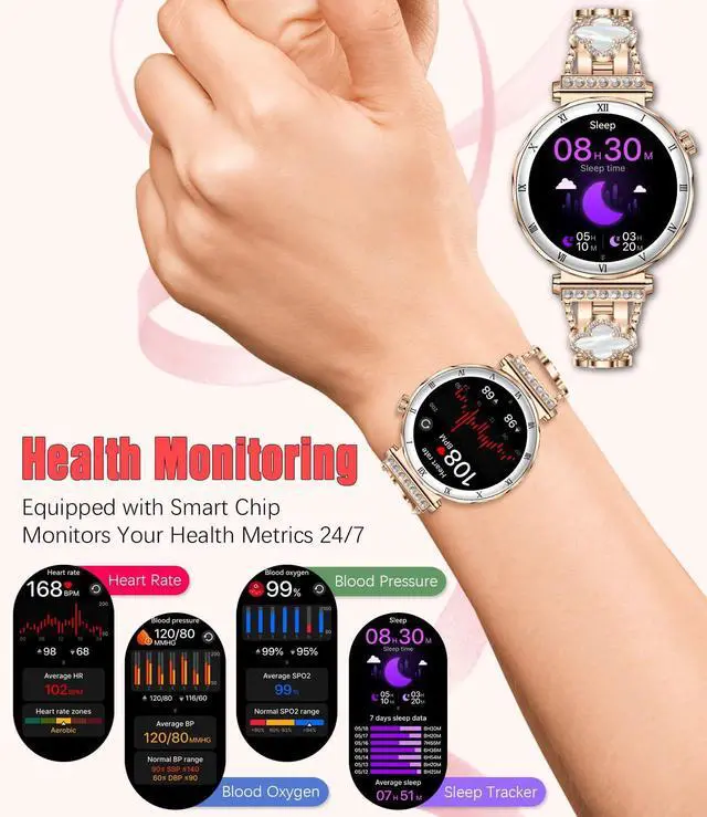 Alt view image 3 of 7 - Smart Watch for Women, 1.19" AMOLED HD Screen Women's Smartwatch, Fitness Tracker with Heart Rate/Sleep Monitor, Bluetooth Call, IP67 Waterproof, Compatible with iOS & Android (Luxury Gold RT-i222)