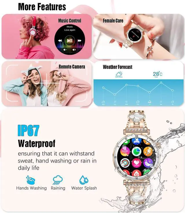 Alt view image 6 of 7 - Smart Watch for Women, 1.19" AMOLED HD Screen Women's Smartwatch, Fitness Tracker with Heart Rate/Sleep Monitor, Bluetooth Call, IP67 Waterproof, Compatible with iOS & Android (Luxury Gold RT-i222)