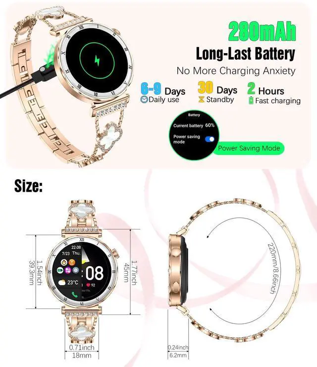 Alt view image 7 of 7 - Smart Watch for Women, 1.19" AMOLED HD Screen Women's Smartwatch, Fitness Tracker with Heart Rate/Sleep Monitor, Bluetooth Call, IP67 Waterproof, Compatible with iOS & Android (Luxury Gold RT-i222)