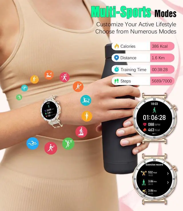 Alt view image 5 of 7 - Smart Watch for Women, 1.19" AMOLED HD Screen Women's Smartwatch, Fitness Tracker with Heart Rate/Sleep Monitor, Bluetooth Call, IP67 Waterproof, Compatible with iOS & Android (Luxury Gold RT-i222)