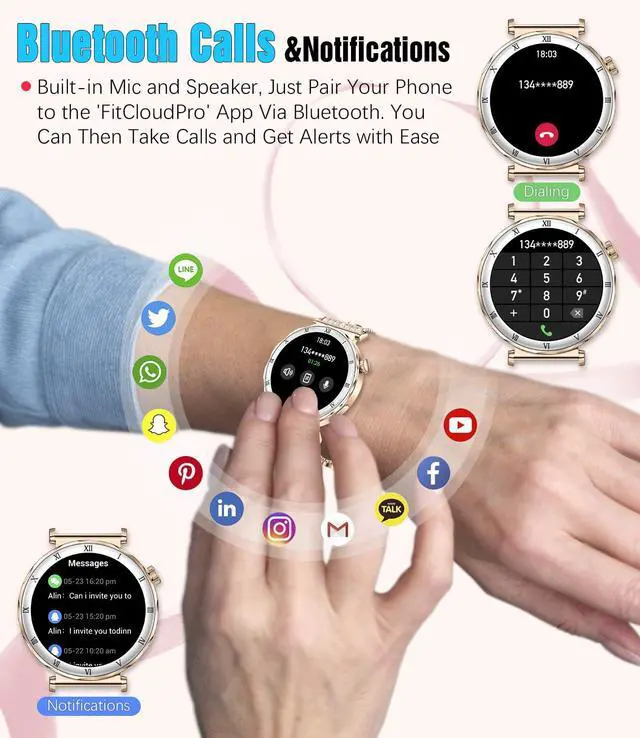 Alt view image 4 of 7 - Smart Watch for Women, 1.19" AMOLED HD Screen Women's Smartwatch, Fitness Tracker with Heart Rate/Sleep Monitor, Bluetooth Call, IP67 Waterproof, Compatible with iOS & Android (Luxury Gold RT-i222)