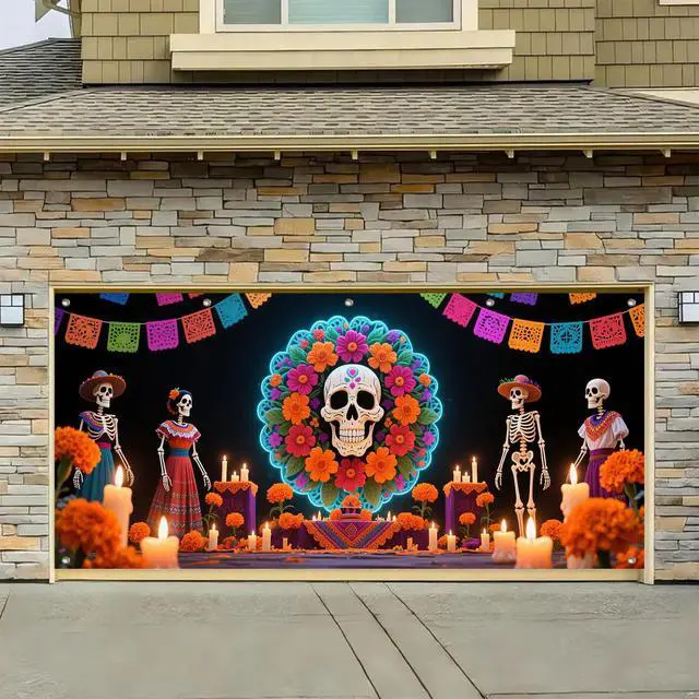 Alt view image 5 of 6 - Day of the Dead Wreath Garage Door Cover 13x6 ft | Polyester, skull in floral wreath, dia de muertos decorations for yard gate, house front, party wall