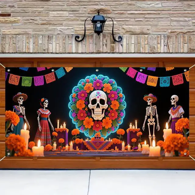 Alt view image 4 of 6 - Day of the Dead Wreath Garage Door Cover 13x6 ft | Polyester, skull in floral wreath, dia de muertos decorations for yard gate, house front, party wall