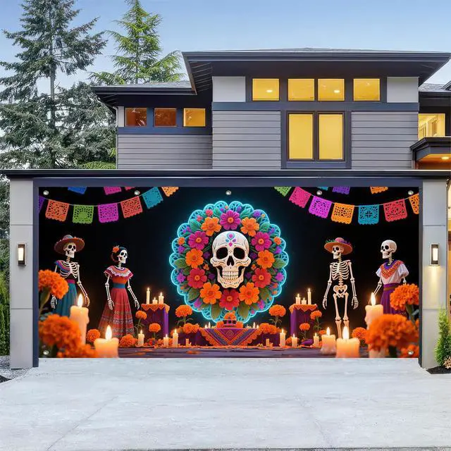 Alt view image 6 of 6 - Day of the Dead Wreath Garage Door Cover 13x6 ft | Polyester, skull in floral wreath, dia de muertos decorations for yard gate, house front, party wall