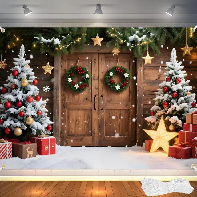 Main image of 7x5FT Christmas Backdrop for Photography - Rustic Barn Wood Door with Xmas Tree & Snow Background, Fabric Christmas Backdrops for Wall with 6m Ribbon Holiday Photo Studio Decoration