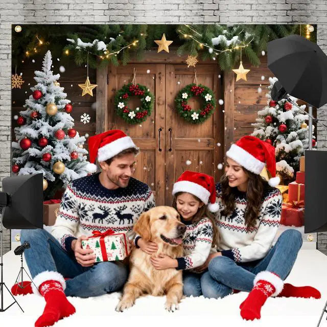 Alt view image 4 of 6 - 7x5FT Christmas Backdrop for Photography - Rustic Barn Wood Door with Xmas Tree & Snow Background, Fabric Christmas Backdrops for Wall with 6m Ribbon Holiday Photo Studio Decoration