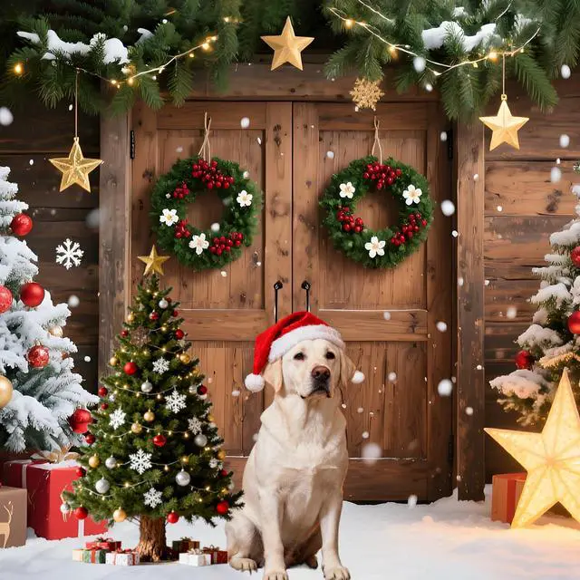 Alt view image 6 of 6 - 7x5FT Christmas Backdrop for Photography - Rustic Barn Wood Door with Xmas Tree & Snow Background, Fabric Christmas Backdrops for Wall with 6m Ribbon Holiday Photo Studio Decoration