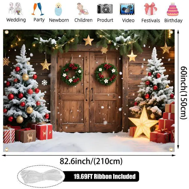 Alt view image 2 of 6 - 7x5FT Christmas Backdrop for Photography - Rustic Barn Wood Door with Xmas Tree & Snow Background, Fabric Christmas Backdrops for Wall with 6m Ribbon Holiday Photo Studio Decoration