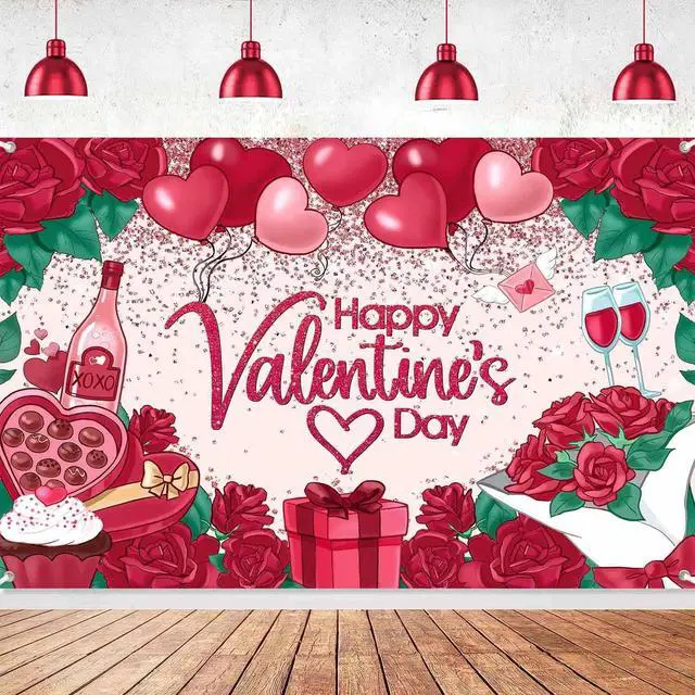 Alt view image 2 of 7 - 8x6ft Happy Valentines Day Banner Backdrop Red Rose Love Heart Valentine Theme Photography Background Fabric Happy Valentine's Day Sign Party Decorations Wall Decor Photo Props