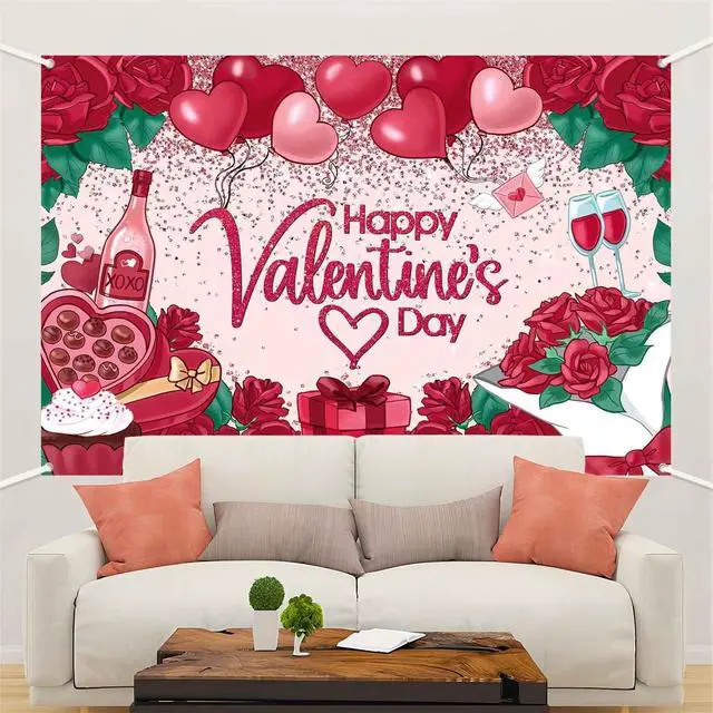 Alt view image 4 of 7 - 8x6ft Happy Valentines Day Banner Backdrop Red Rose Love Heart Valentine Theme Photography Background Fabric Happy Valentine's Day Sign Party Decorations Wall Decor Photo Props