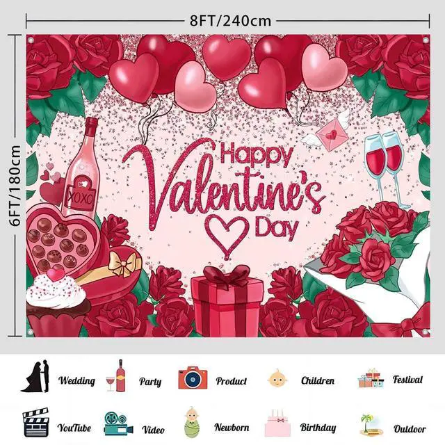 Alt view image 3 of 7 - 8x6ft Happy Valentines Day Banner Backdrop Red Rose Love Heart Valentine Theme Photography Background Fabric Happy Valentine's Day Sign Party Decorations Wall Decor Photo Props