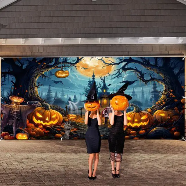 Alt view image 2 of 7 - Halloween Garage Door Banner - 18x7ft Fabric Scary Night Full Moon Halloween Decorations - Large Castle Pumpkins Banner Backdrop