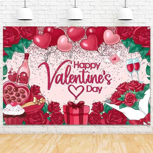 Main image of 8x6ft Happy Valentines Day Banner Backdrop Red Rose Love Heart Valentine Theme Photography Background Fabric Happy Valentine's Day Sign Party Decorations Wall Decor Photo Props