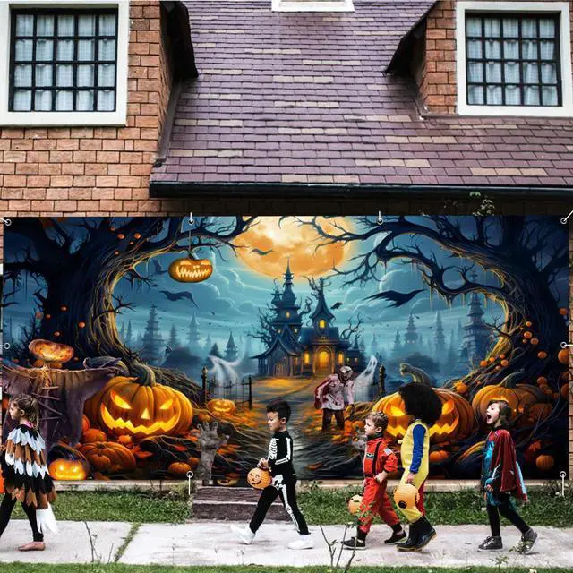 Alt view image 3 of 7 - Halloween Garage Door Banner - 18x7ft Fabric Scary Night Full Moon Halloween Decorations - Large Castle Pumpkins Banner Backdrop