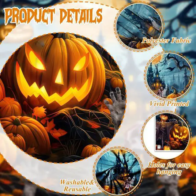Alt view image 7 of 7 - Halloween Garage Door Banner - 18x7ft Fabric Scary Night Full Moon Halloween Decorations - Large Castle Pumpkins Banner Backdrop