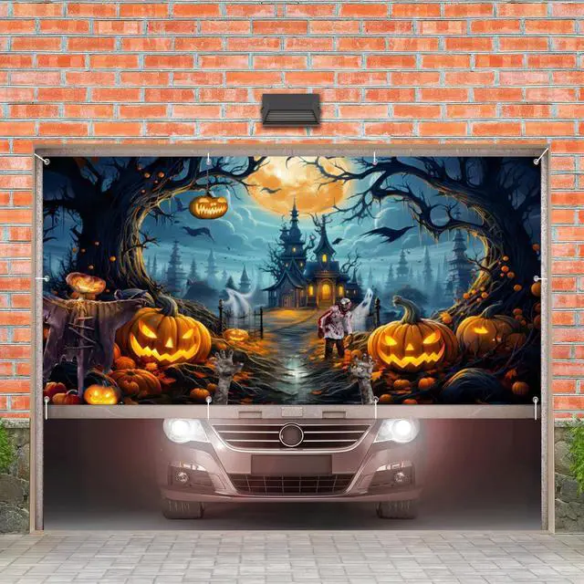 Alt view image 6 of 7 - Halloween Garage Door Banner - 18x7ft Fabric Scary Night Full Moon Halloween Decorations - Large Castle Pumpkins Banner Backdrop