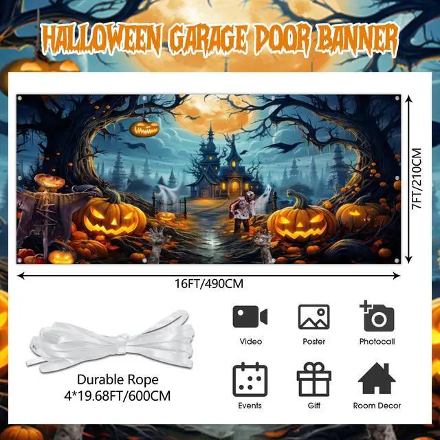 Alt view image 5 of 7 - Halloween Garage Door Banner - 18x7ft Fabric Scary Night Full Moon Halloween Decorations - Large Castle Pumpkins Banner Backdrop