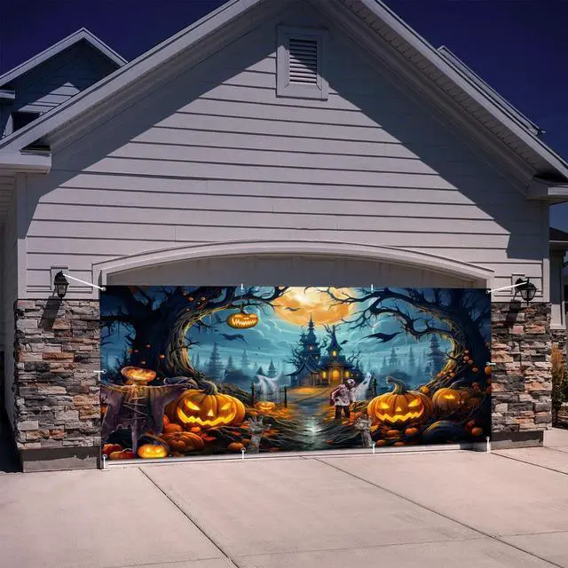 Alt view image 4 of 7 - Halloween Garage Door Banner - 18x7ft Fabric Scary Night Full Moon Halloween Decorations - Large Castle Pumpkins Banner Backdrop
