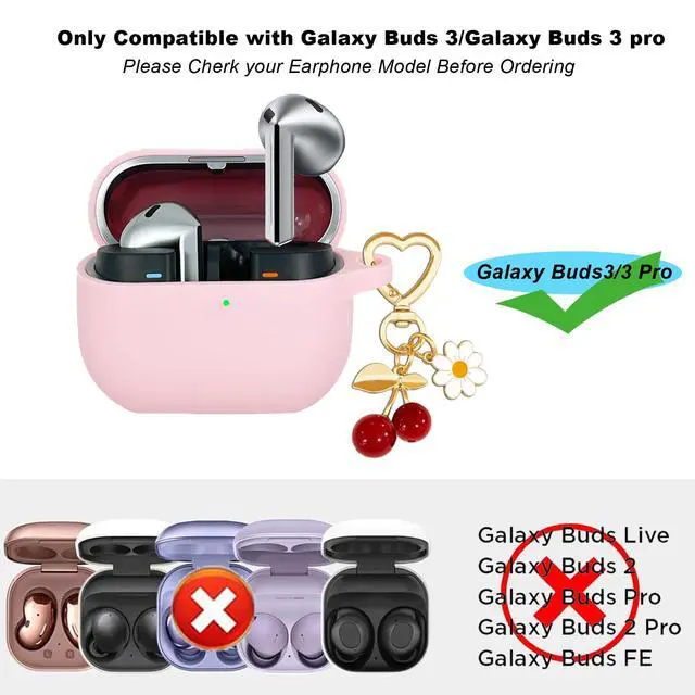 Alt view image 2 of 7 - Protective Case for Samsung Galaxy Buds 3 & Galaxy Buds 3 Pro,Cute Cherry Charm Keychain,Pink Print Soft Silicone Skin Protective Case Daisy for Galaxy Buds3 Pro Earbuds for Women Men Pink